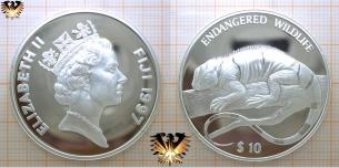 Kurzkammleguan, 10 Dollars, 1997, Fidschi Inseln, Gefährdete Tierwelt, Silbermünze, Elizabeth II  