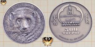 Mongolia Münze, 500 Terper 2007, Gulo Gulo Vielfraß, Mongolei Togrog