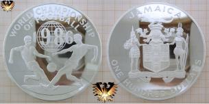 Fußballmünze, Silber 136 Gramm, Jamaica, 100 Dollars, World Championship of Football 1986, Mexico  