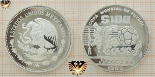 Azteca, 100 Pesos, Fußball WM, Mexico 1986, Silbermünze  