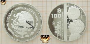 Tormann mit Ball, 100 Pesos, Fußball Münze, Copa Mundial de Futbol, Silber  
