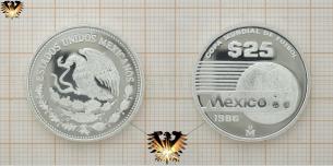 Azteca, 25 Pesos, Silbermünze, 1986 Mexico, Copa Mundial de Futbol  