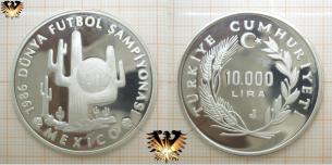 10.000 Lira, Türkiye, 1986 Mexico, Fußball-Weltmeisterschaft, Silbermünze, Kakteen.