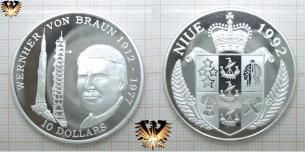 10 Dollars, Wernher von Braun, 925, Silber, Münze, Niue 1992  