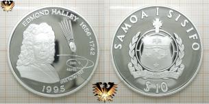 10 $, Samoa i Sisifo, 1995, Edmond Halley und Komet, Tala Portraitmünze in Silber  