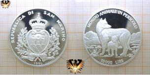 Wolf - Lupus, Silbermünze, 10.000 Lire, 1996, San Marino, monodo animale in pericolo.