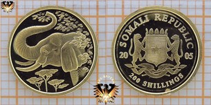 Somalia Republic, 200 Schillings, 2005, Elefant, Kleinste Goldmünzen der Welt