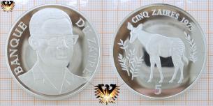 Okapi, Cinq Zaires, 1975, Zaire, gefährdete Tierwelt, Silver Coin