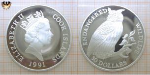 Uhu, 50 Dollars, 1991, Cook Island, Endangered Wildlife, Sammlermünze