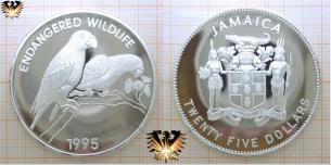 Rotspiegelamazone, 25 Dollars, 1995, Jamaika, Endangered Wildlife  
