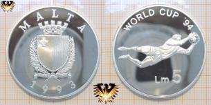 Lm 5, 1993, Malta, Fußballmünze, Silber, Torhüter, World Cup´94,