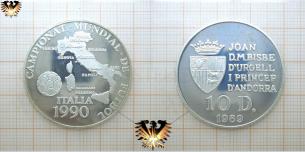 10 Diners, Andorra 1989, WM 1990, Italien, Silber Münze, Fussball  