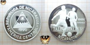 Italia 90, WM, 10000 Córdobas, Nicaragua, 1990, Silber, Fußballmünze  