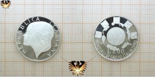 200 Lire, Silbermünze, Repubblica Italiana, WM 1990 in Italien, Fußball  