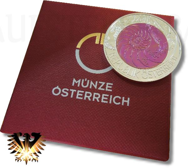 Niob/Silber Bimelallmünze Österreich, 2012, zu 25 Euro mit Original Box und Zertifikat. Münze mit Niobkern pinkfarben.