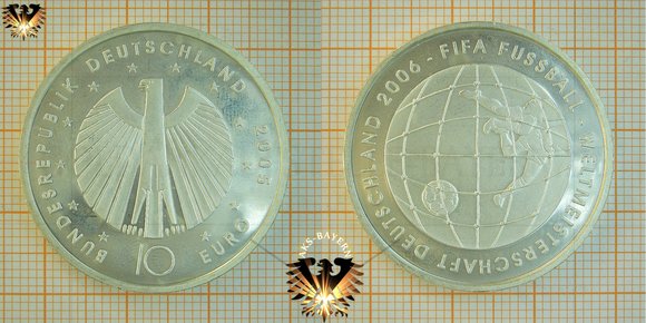 10 Euro, BRD, 2005, FIFA Fussball Weltmeisterschaft Deutschland 2006, Spieler, Players, Silbermünze + Codierung der Prägestätte © AuKauf.de