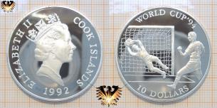 Tormann hält Ball, Fußballmünze, Silber, World Cup´94, Cook Islands, Queen  