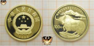 100 Yuan, 1986, China, wilder Yak, WWF, Gold, Tiermünze mit Zertifikat