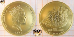 100 Dollars, Cook Islands, 2009, 1 ounce / Unze Goldmünze mit Segelschiff Motiv