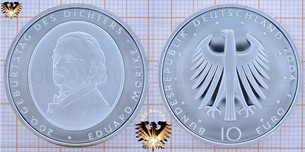 10 €, BRD, 2004 F, Eduard Mörike, Silbermünze und Numisblatt 4/2004 mit Gedenkmarken