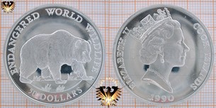 50 Dollars, 1990, Cook Islands, Endangered World Wildlife, Grizzly Bear