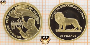 Congo, 20 Francs, 2005, Pape Jean Paul II, en Memoire