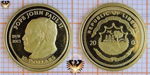 Liberia, 10 Dollars, 2003, Pope John Paul II, 1978 bis 2003, Kleinste Goldmünzen