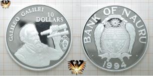 Galileo Gallilei, 10 Dollars Silbermünze, Bank of Nauru, 1994, 25 Jahre Mondlandung.